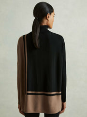 Women Colourblock Roll Neck Split Hem Jumper in Black/Mink