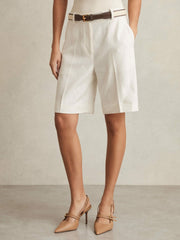 Women Linen-Blend Bermuda Shorts in White