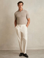 Men Merino Wool Open Collar Polo Shirt in Wheat Melange