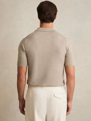 Men Merino Wool Open Collar Polo Shirt in Wheat Melange