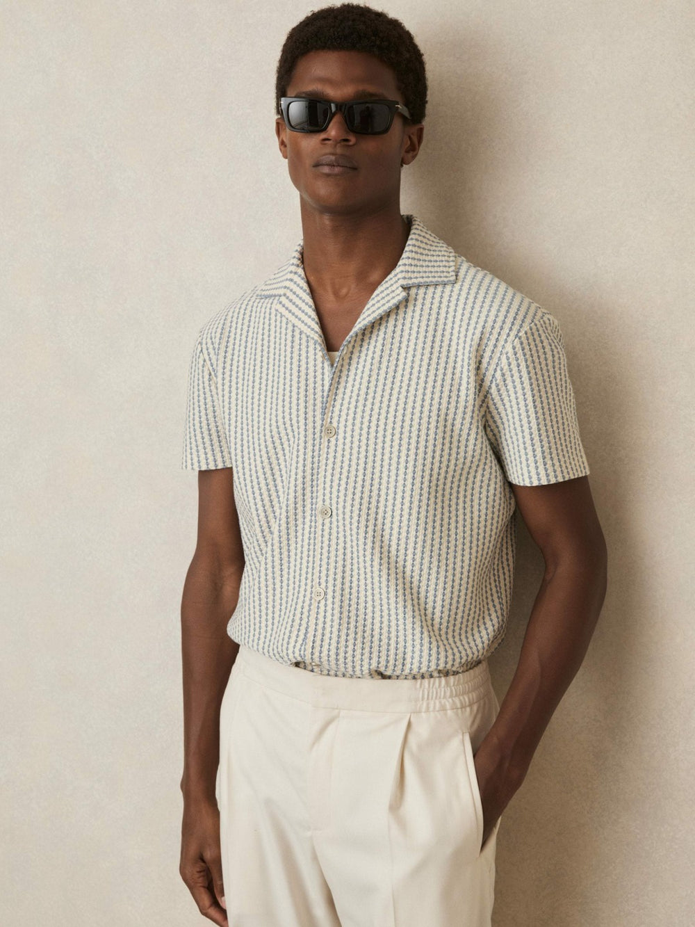 Men Textured-Stripe Cuban-Collar Shirt in White/Soft Blue