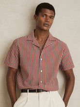 Men Textured-Stripe Cuban-Collar Shirt in Rust Red/White