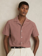 Men Textured-Stripe Cuban-Collar Shirt in Rust Red/White