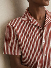 Men Textured-Stripe Cuban-Collar Shirt in Rust Red/White
