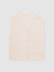 Women Cotton-Linen Button-Through Knit Top in Ivory