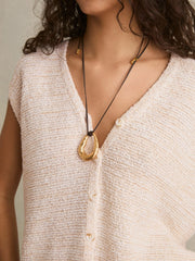 Women Cotton-Linen Button-Through Knit Top in Ivory