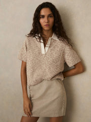 Women Cotton-Blend Knit Polo Shirt in Neutral