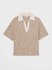 Women Cotton-Blend Knit Polo Shirt in Neutral