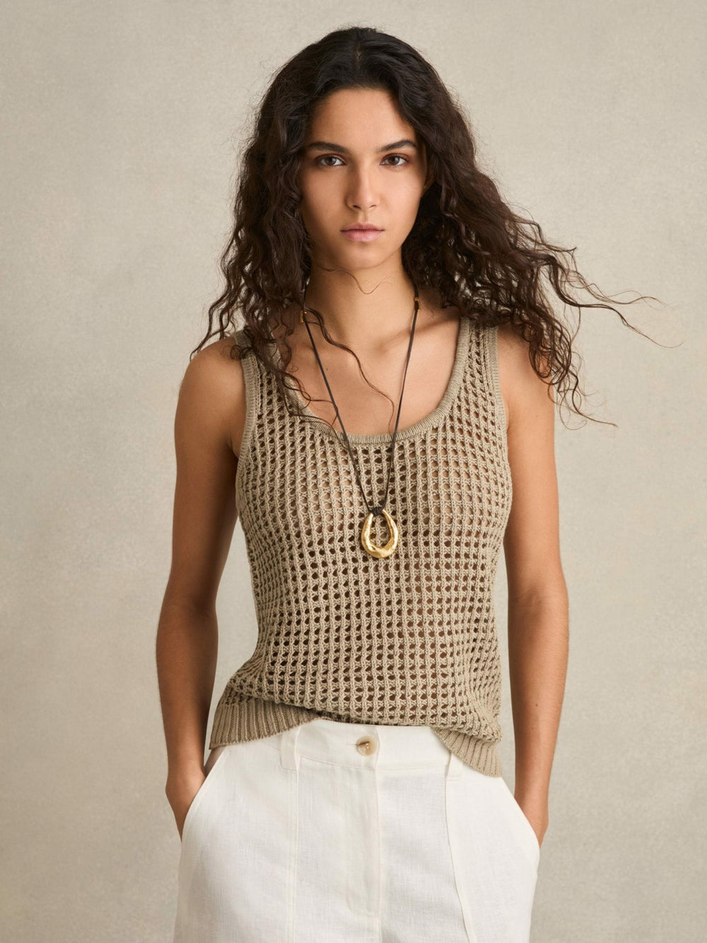Women Linen Open Knit Vest in Stone