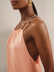 Women Petite Satin Halterneck Maxi Dress in Peach
