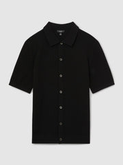 Men Textured Knit Button-Through Shirt in Black