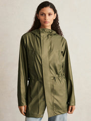 Women Rains Long Hooded Jacket in Revel Brass Green