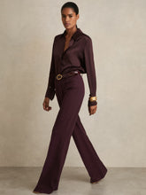Women Petite High Rise Flared Trousers in Burgundy