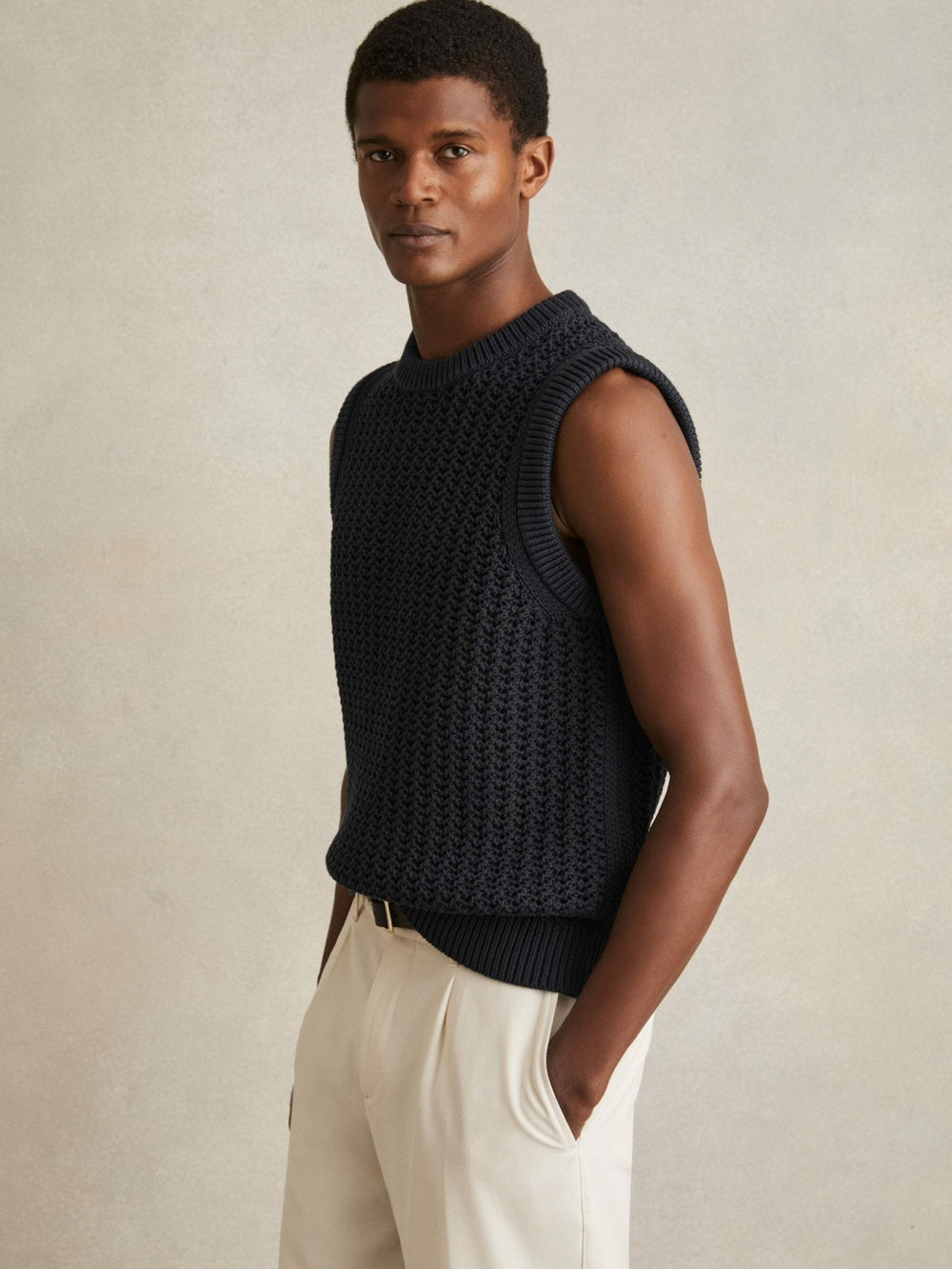 Men Cotton-Blend Crochet Vest in Navy