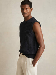 Men Cotton-Blend Crochet Vest in Navy