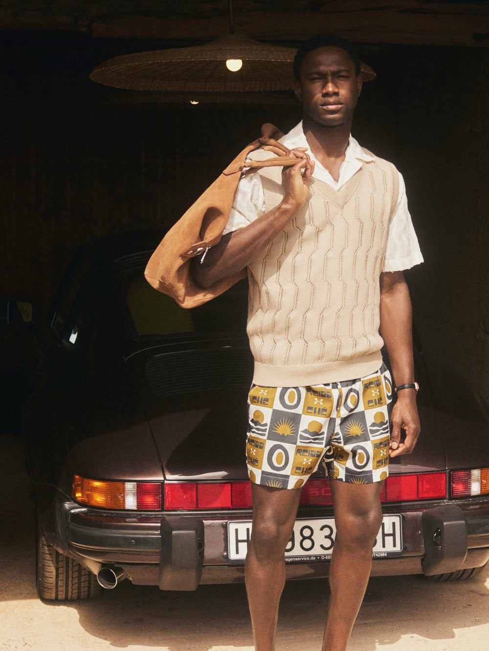 Men | Ché Sunset-Print Swim Shorts in Olive Green