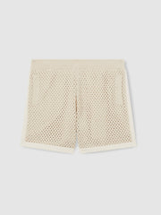 Men Cotton-Blend Crochet Shorts in Taupe/Off White