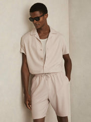 Men Textured-Knit Cuban-Collar Shirt in Champagne