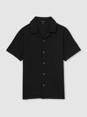 Men Textured-Knit Cuban-Collar Shirt in Black