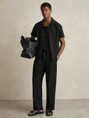Men Textured-Knit Cuban-Collar Shirt in Black
