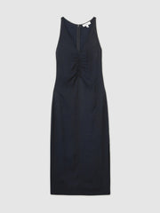 Women Ruched Sleeveless Midi Dress With Linen in Navy