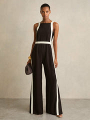 Women Colourblock Wide Leg Belted Jumpsuit in Chocolate/Cream