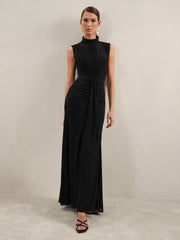 Women Sheer Ruched Maxi Dress in Black