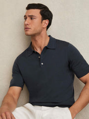 Men Merino Wool Short-Sleeve Polo Shirt in Midnight Navy
