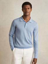 Men Merino Wool Long-Sleeve Polo Shirt in Soft Blue