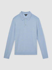Men Merino Wool Long-Sleeve Polo Shirt in Soft Blue