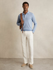 Men Merino Wool Long-Sleeve Polo Shirt in Soft Blue