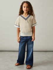 Children & Baby 4-9 yrs Cotton-Linen Knit V-Neck Cricket Top in Neutral