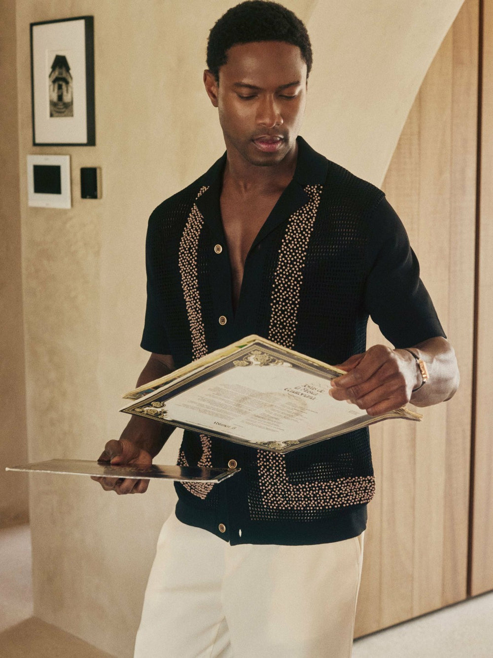Men | Ché Beaded Crochet Shirt in Black