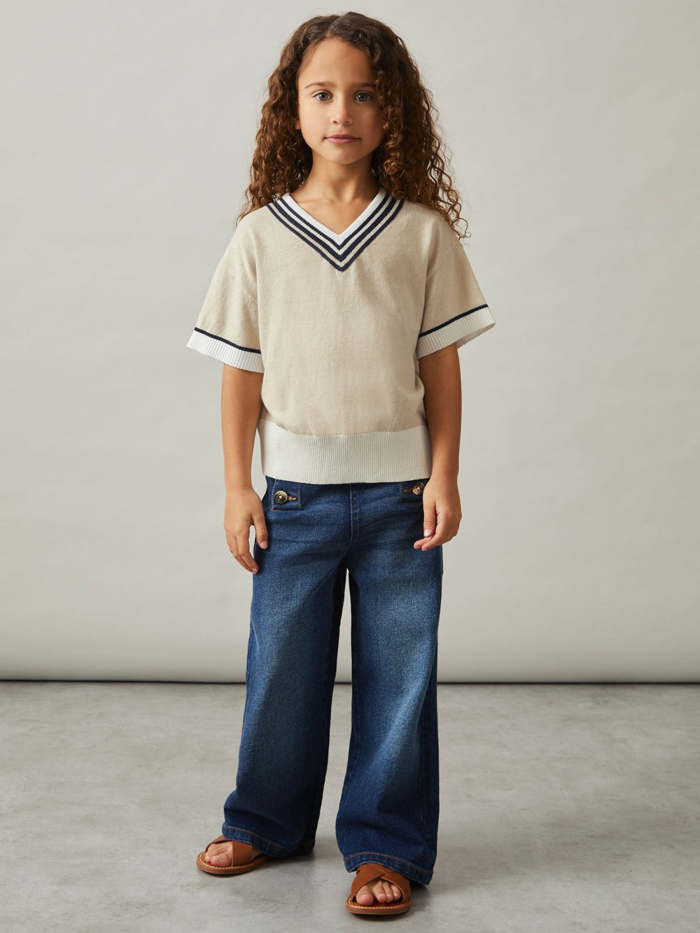 Children & Baby 9-13 yrs Cotton-Linen Knit V-Neck Cricket Top in Neutral