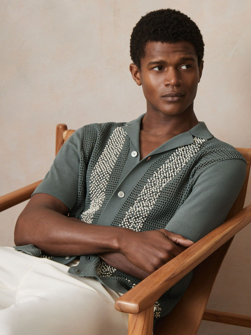 Men | Ché Beaded Crochet Shirt in Sage