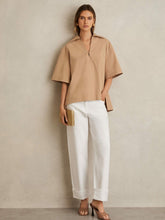 Women Cotton Blend Craft Stitch Collared Top in Camel