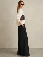 Women Petite Wide-Leg Elasticated-Waist Trousers in Navy
