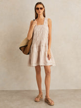 Women Shirred Ruffle Hem Mini Dress in Neutral