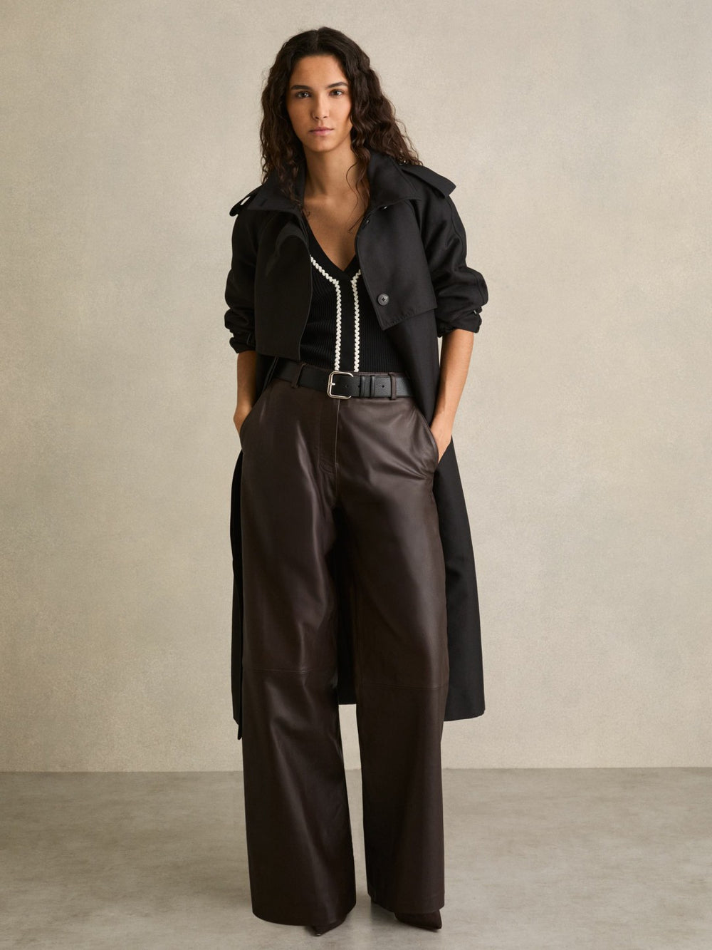 Women Petite Leather Wide Leg Trousers in Chocolate