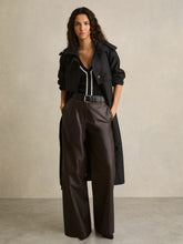 Women Petite Leather Wide Leg Trousers in Chocolate