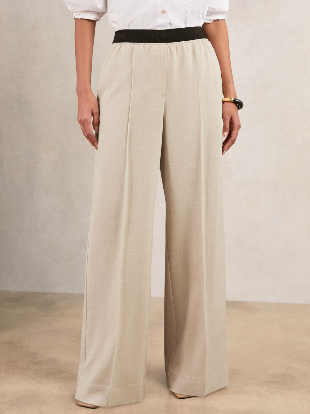 Women Petite Wide-Leg Elasticated-Waist Trousers in Neutral