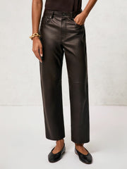 Women Petite Leather Slim-Leg Trousers in Chocolate
