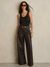 Women Leather Wide Leg Trousers in Chocolate