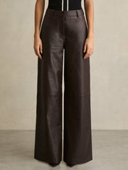 Women Leather Wide Leg Trousers in Chocolate