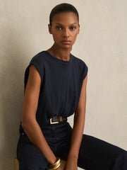 Women Linen Cap-Sleeve T-Shirt in Navy