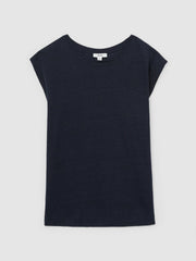 Women Linen Cap-Sleeve T-Shirt in Navy