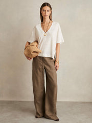 Women Linen V-Neck T-Shirt in White