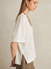 Women Linen V-Neck T-Shirt in White