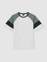 Men Mercerised-Cotton Colourblock T-Shirt in White/Sage