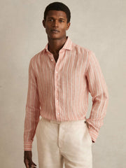 Men Linen Striped Long Sleeve Shirt in Pink Rose/White Bengal Stripe